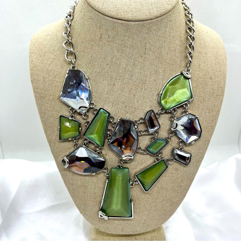 14” Chunky Green and Silver Mirror Faceted Geometric Statement Necklace.